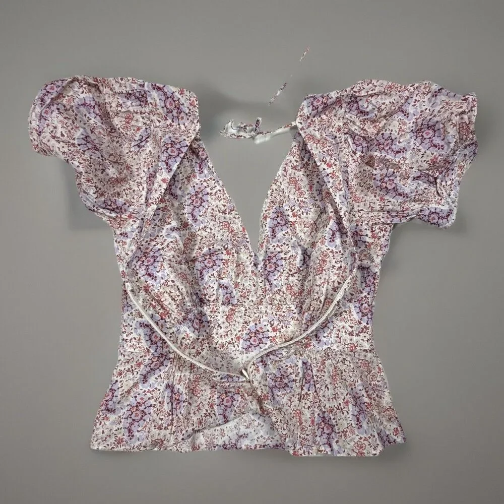 J.Crew Re‑Imagined floral puff sleeve peplum blouse V‑neck tie back XS/S